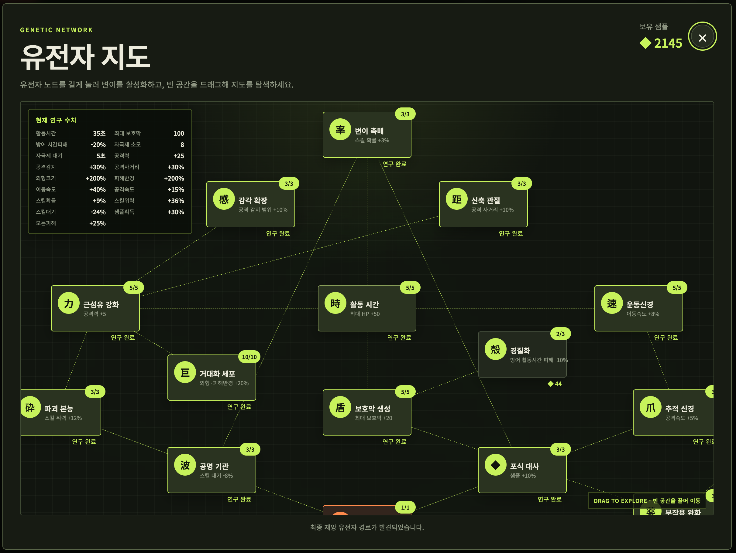 Kaiju Evolution 유전자 지도 개발 화면